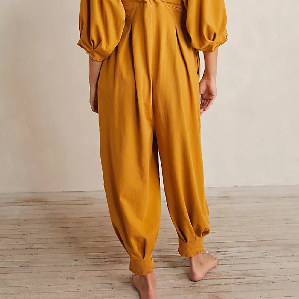 Free People Lotta Love Yellow Baggy Casual Princess Cinched Pleated Jumpsuit - Picture 5 of 10